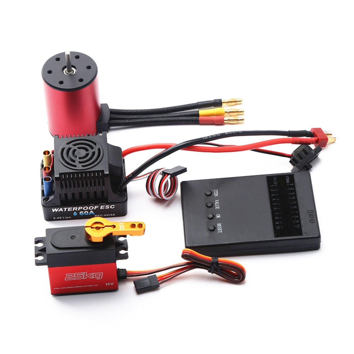 5200KV Brushless Motor 3650 Waterproof Motor with 60A Brushless ESC 2-4S Lipo 25KG Digital Servo Programming Card for 1/8 1/10 RC Car