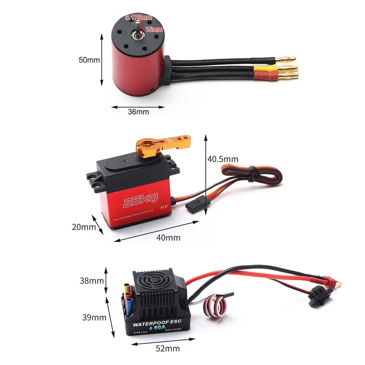 5200KV Brushless Motor 3650 Waterproof Motor with 60A Brushless ESC 2-4S Lipo 25KG Digital Servo Programming Card for 1/8 1/10 RC Car