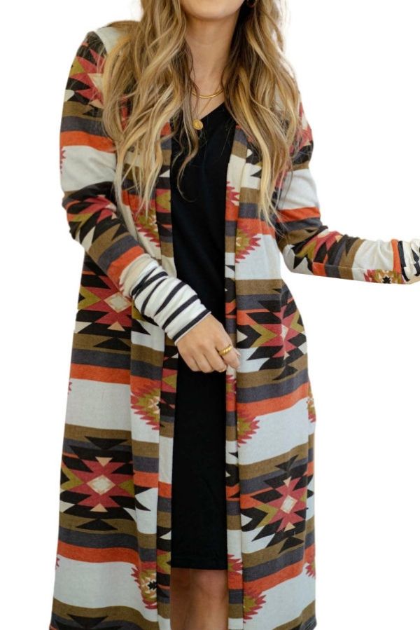 Mfed Green Geometric Color Block Open Front Long Cardigan