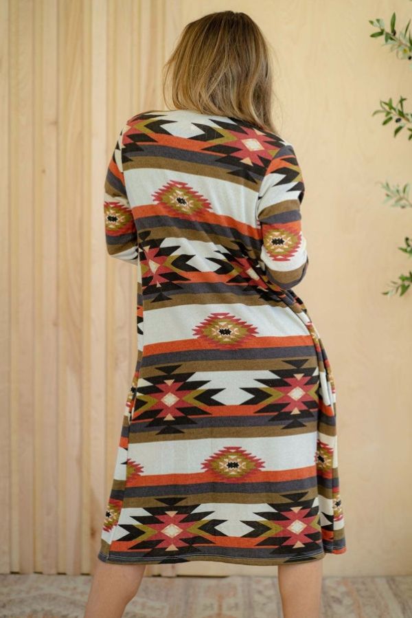 Mfed Green Geometric Color Block Open Front Long Cardigan