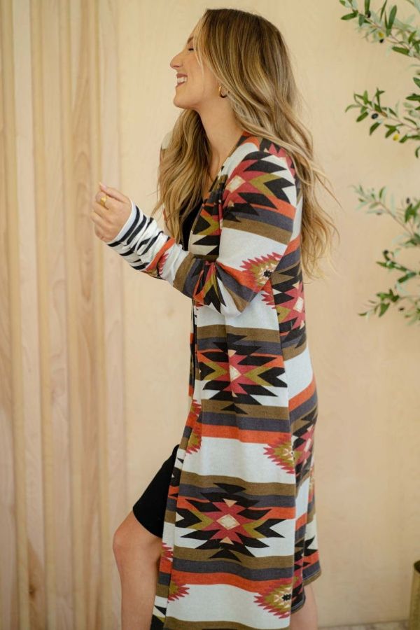 Mfed Green Geometric Color Block Open Front Long Cardigan