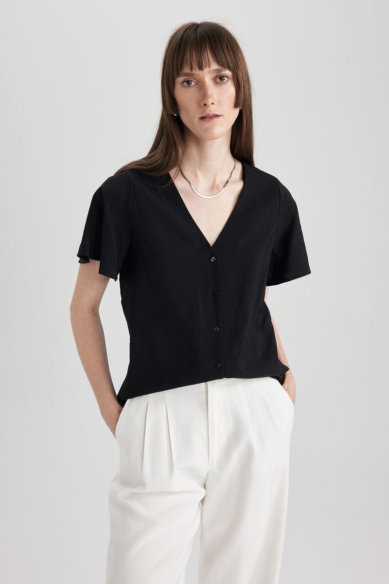 Woman Casual Regular Fit V Neck Woven Short Sleeve Blouse - Black