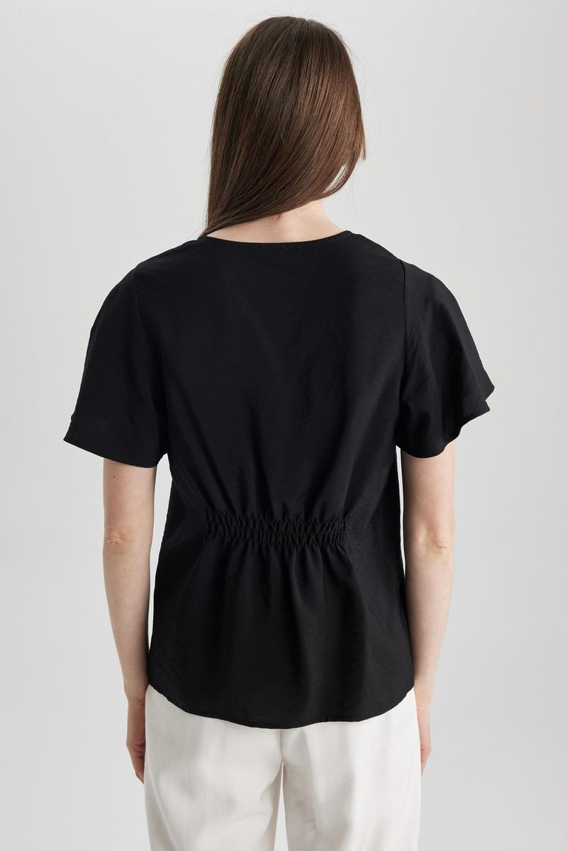 Woman Casual Regular Fit V Neck Woven Short Sleeve Blouse - Black