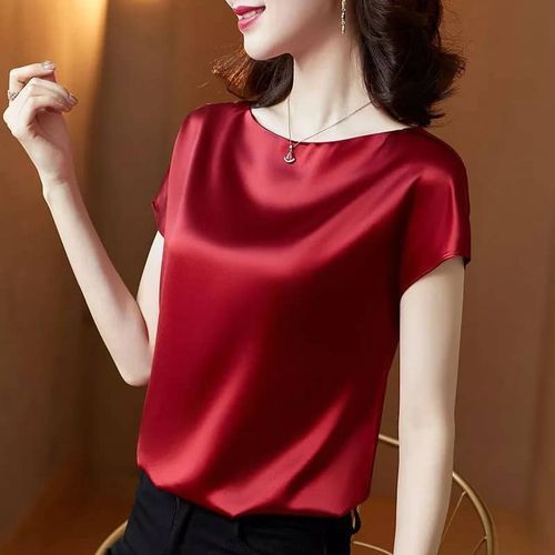 3in1 Satin Silk Short Sleeve Blouse Woman Ladies Top In Red, Cream And Black