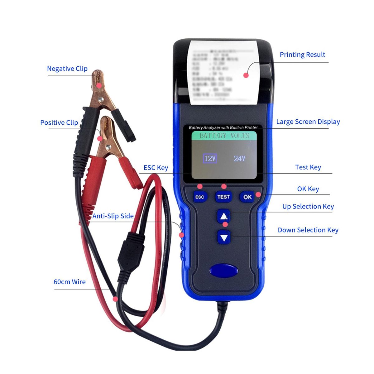 Battery Analyzer, Color Screen Car Battery Tester with Built-in Printer Thermal Printer Paper Storage Case