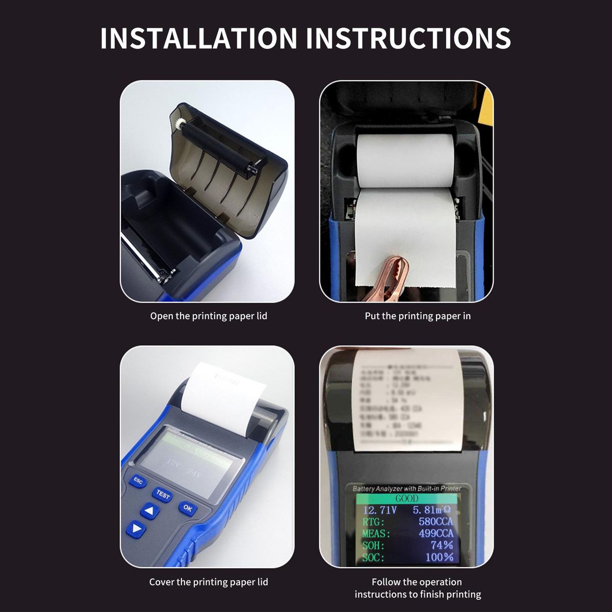 Battery Analyzer, Color Screen Car Battery Tester with Built-in Printer Thermal Printer Paper Storage Case
