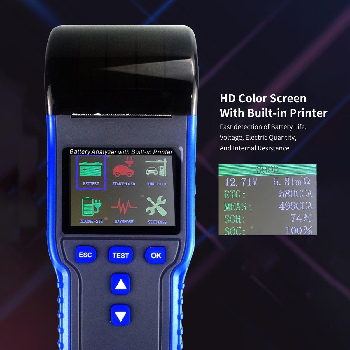 Battery Analyzer, Color Screen Car Battery Tester with Built-in Printer Thermal Printer Paper Storage Case