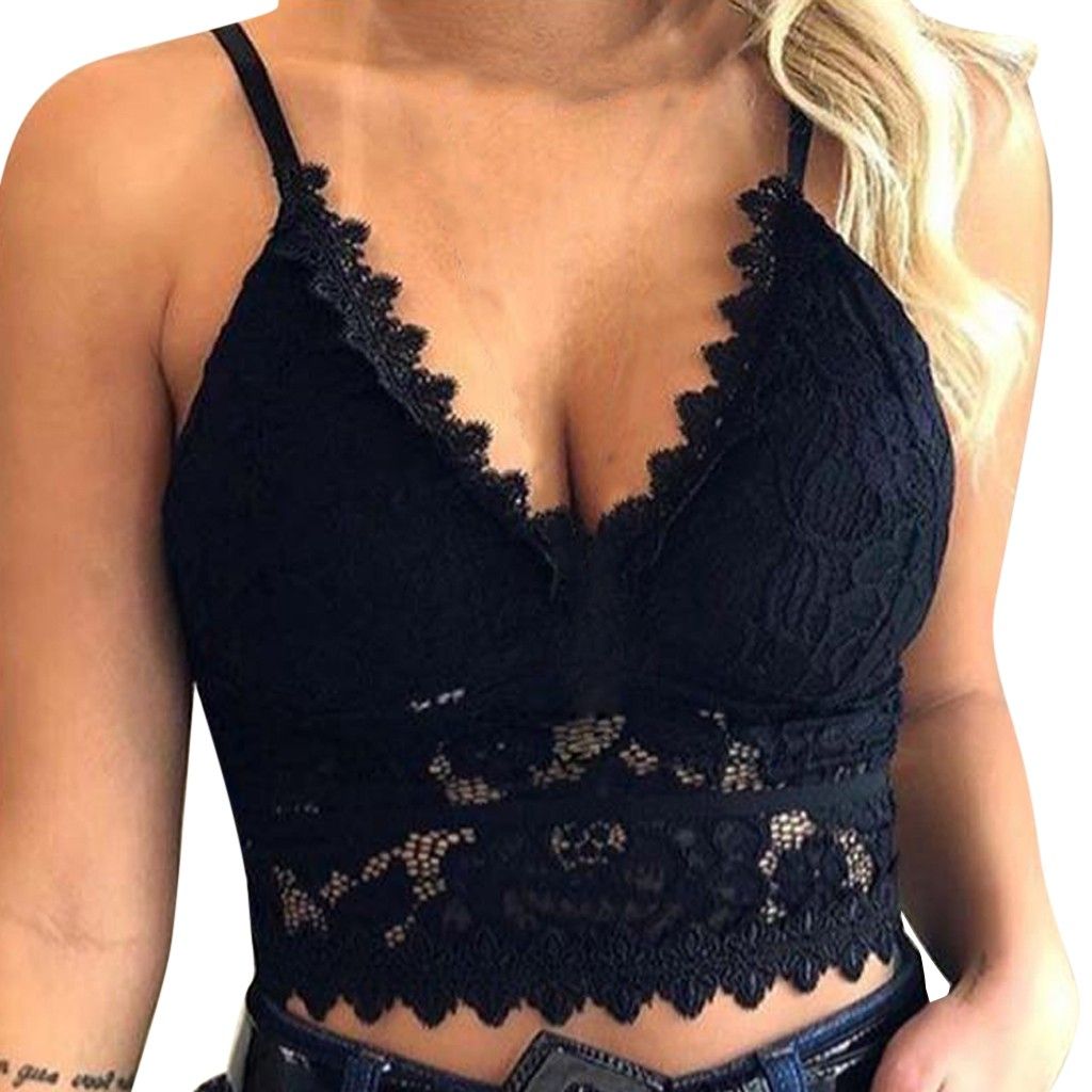 (Black A)Women Lace Vest Crop Tops  Ladies Sleeveless Bralette Bra Lingerie V-neck Unpadded Club Underwear Cropped Camisole Tank Tops WEF