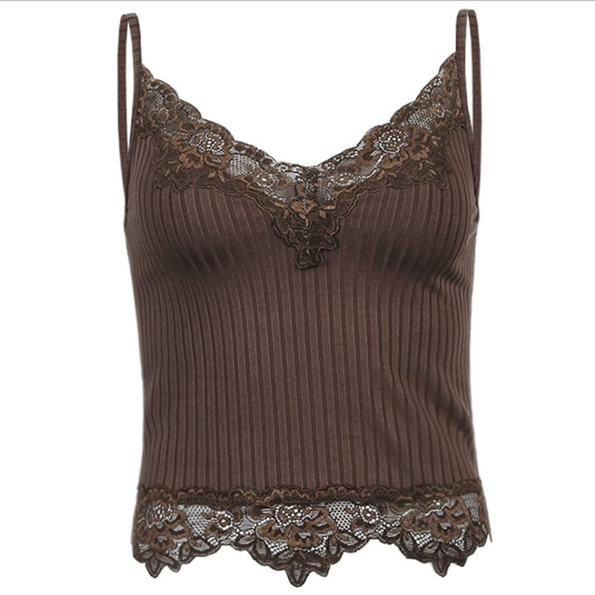 (A-Brown)Lace Crop Tops Vest Women Y2k E Girls Clothes Fairy Grunge Style Cropped Tees Cami Ribbed Knitted Corset Tank Tops Clothes WEF