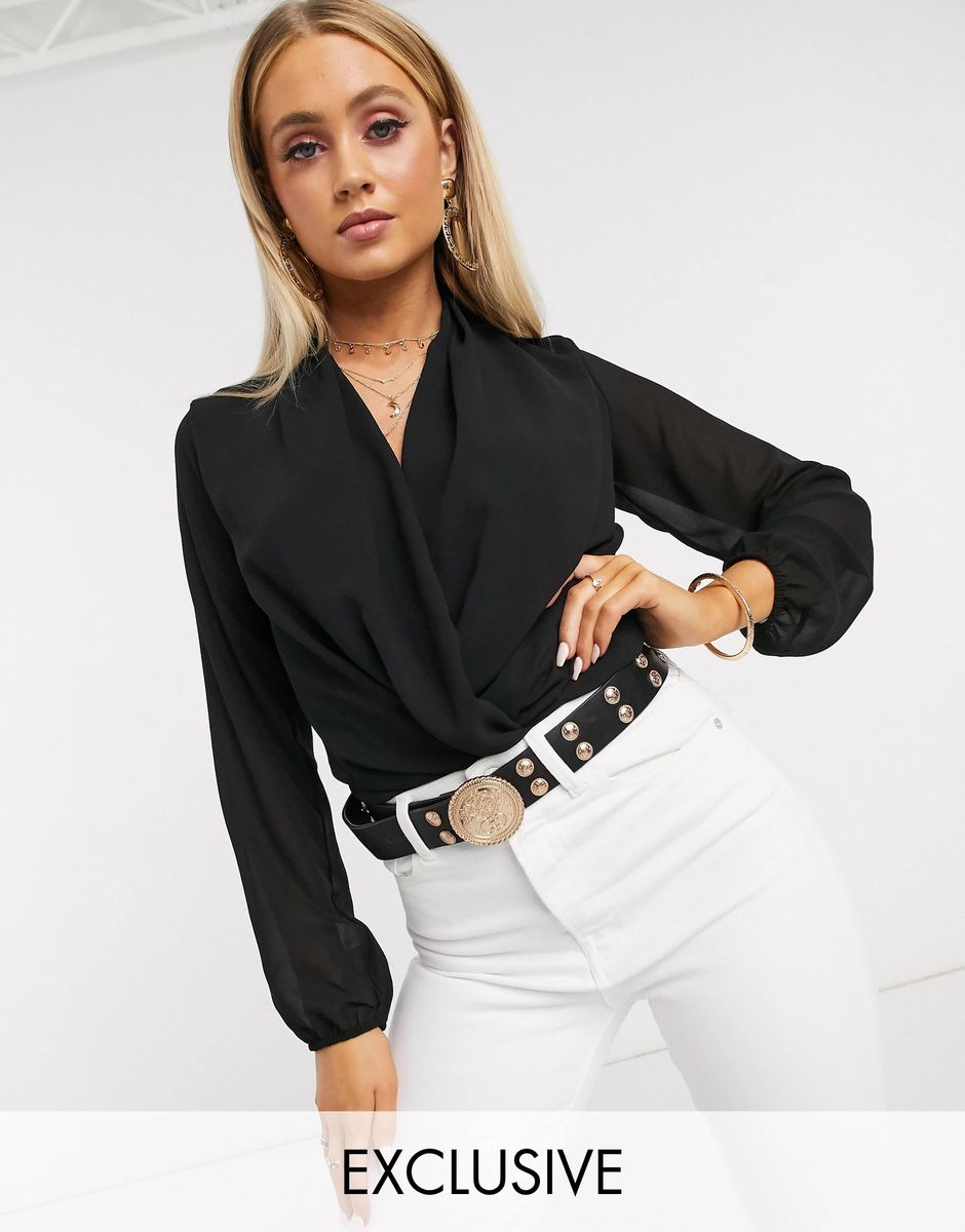 Basic Wrap Over Bodysuit- Black