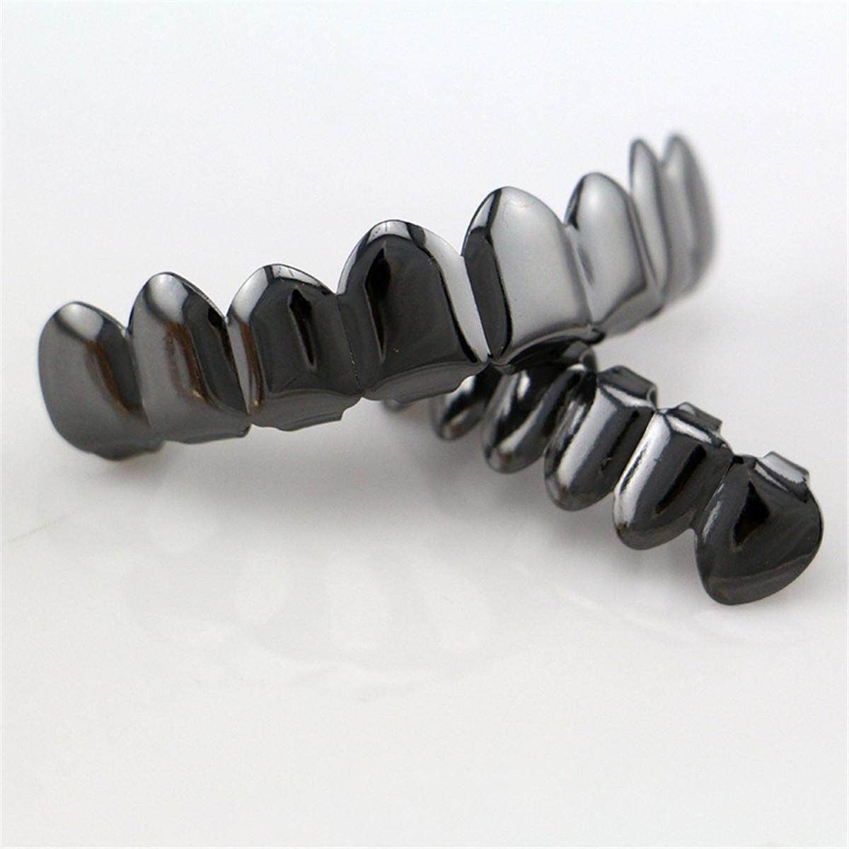 14K Gold Plated Hip Hop Teeth Grillz Top & Bottom Grill Set Black