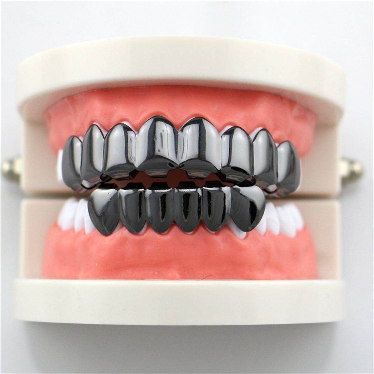 14K Gold Plated Hip Hop Teeth Grillz Top & Bottom Grill Set Black
