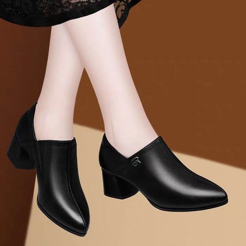 Ladies Fashion High Heel Casual Leather Shoes-Black