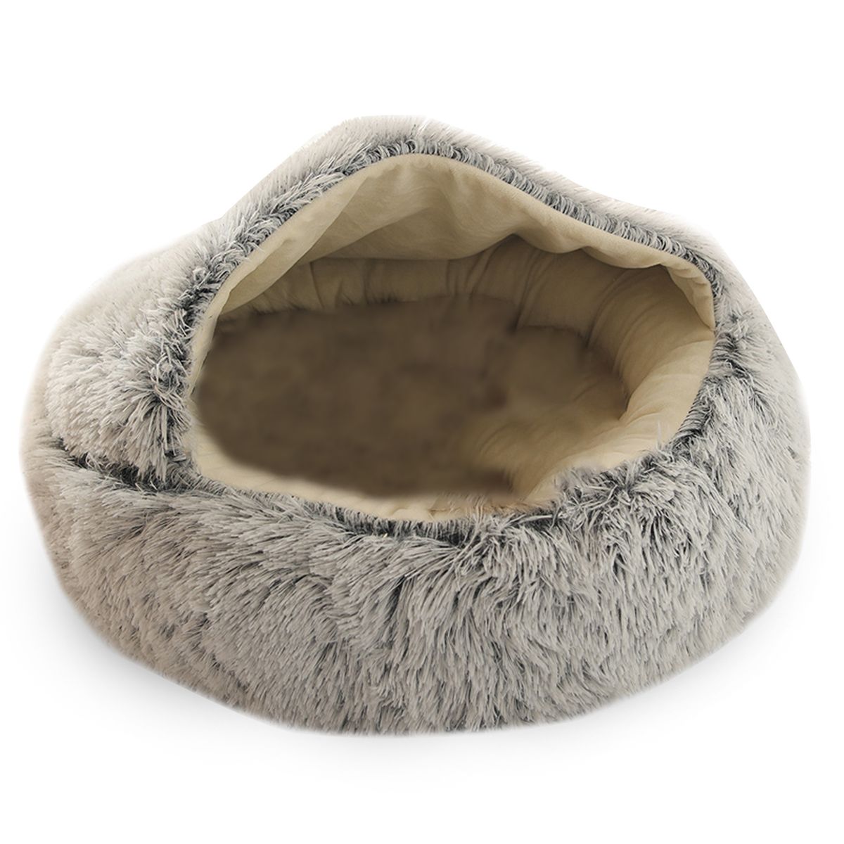 Pet Bed Round Soft Plush Burrowing Cave Cat Dog Hooded Bed