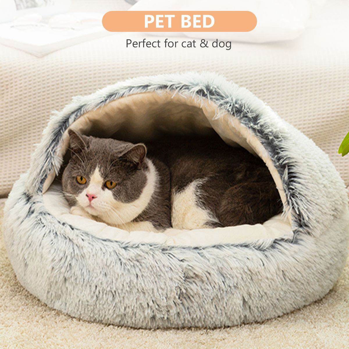 Pet Bed Round Soft Plush Burrowing Cave Cat Dog Hooded Bed