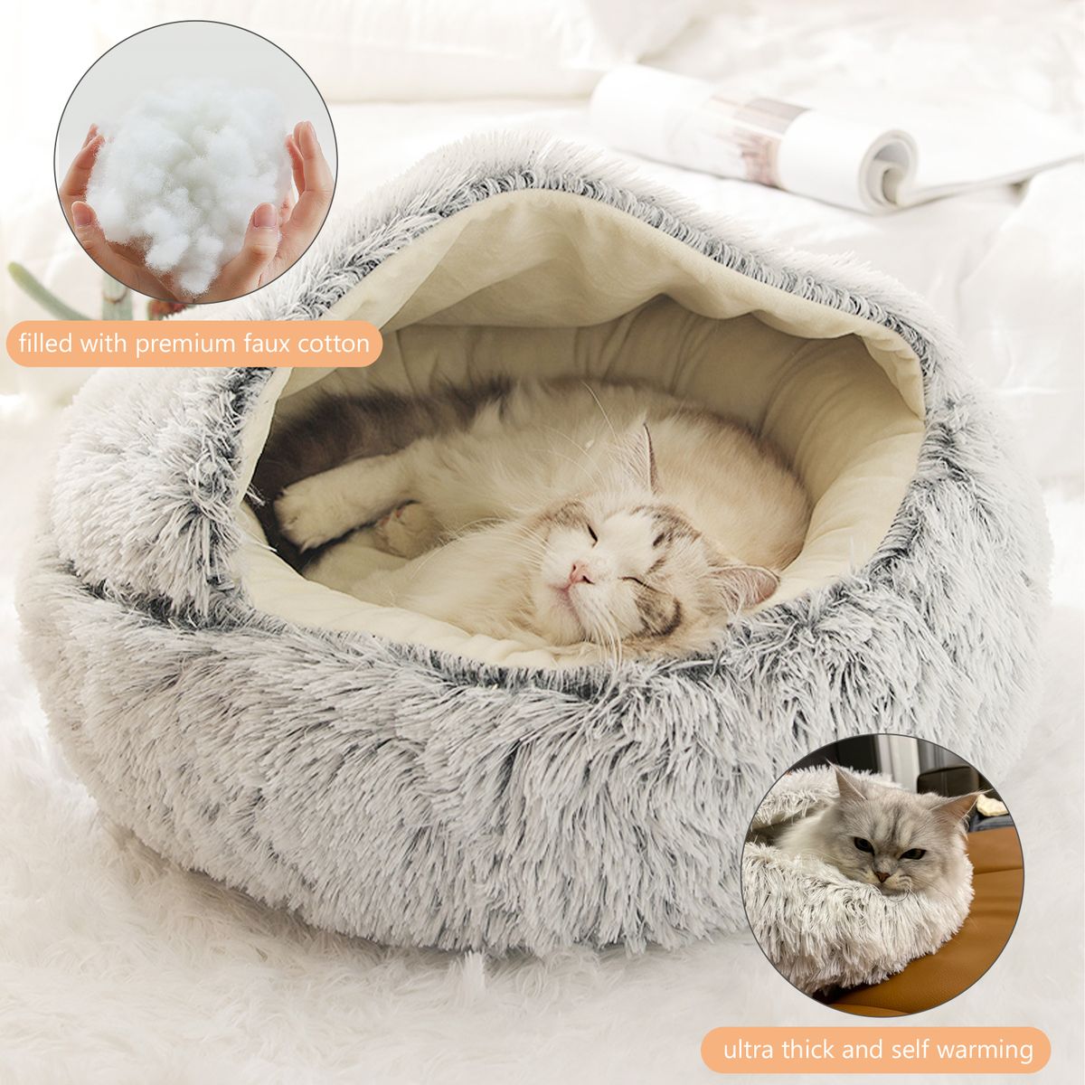 Pet Bed Round Soft Plush Burrowing Cave Cat Dog Hooded Bed