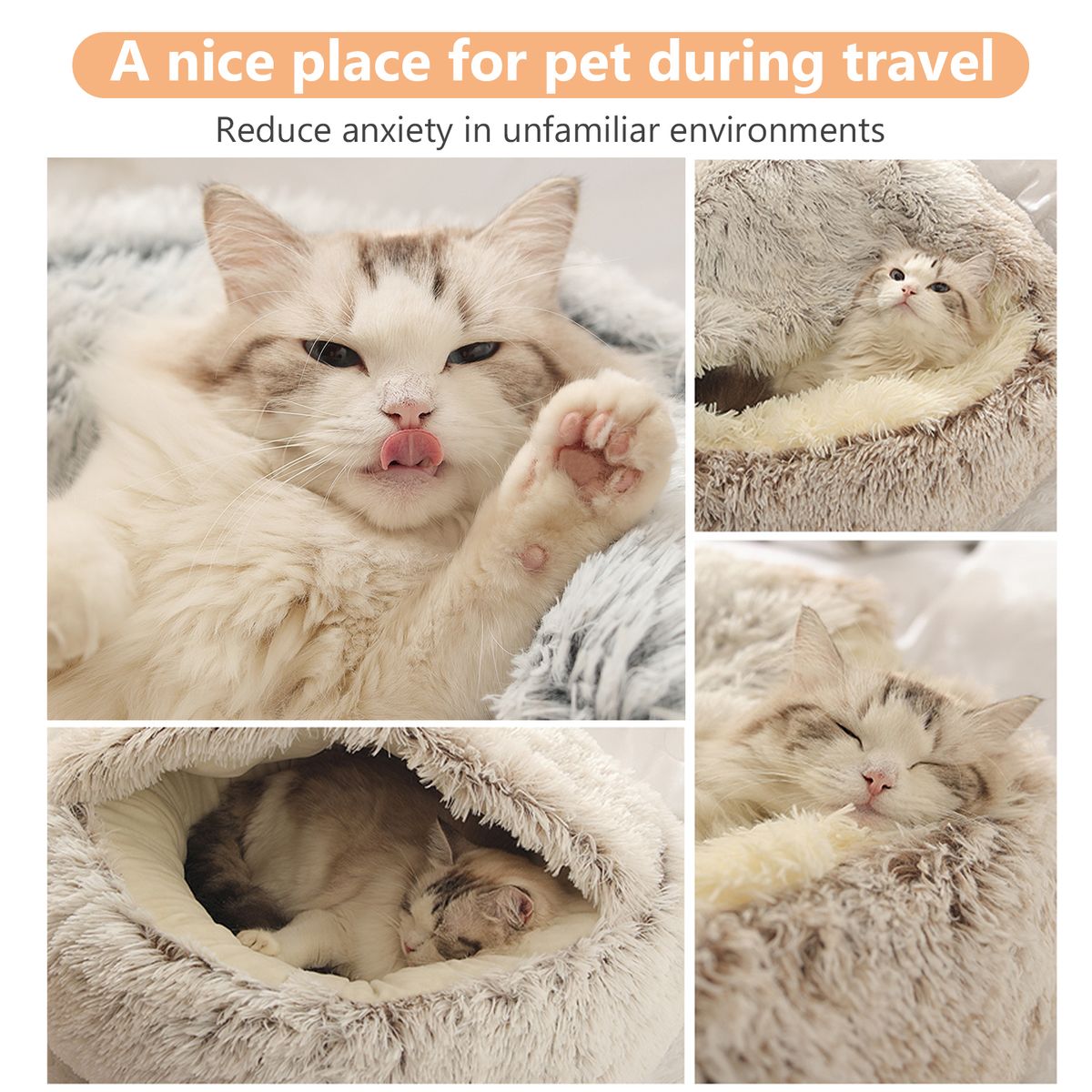 Pet Bed Round Soft Plush Burrowing Cave Cat Dog Hooded Bed