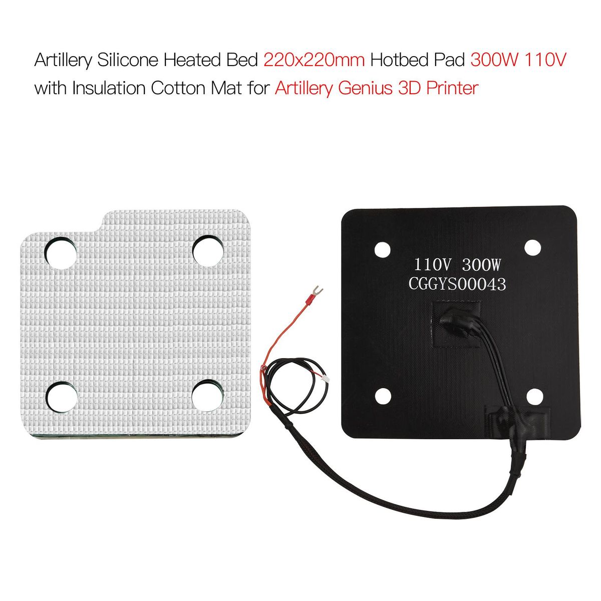 Artillery Silicone Heated Bed 220x220mm Hotbed Pad 300W 110V with Insulation Cotton Mat for Artillery Genius 3D Printer