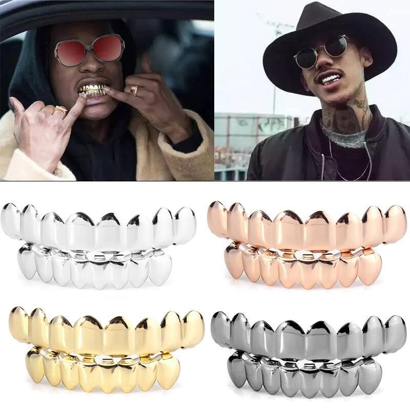 Gold Silver Hip Hop Teeth Plated Custom 8 Top Bottom Mouth Set Halloween Silver (silver)