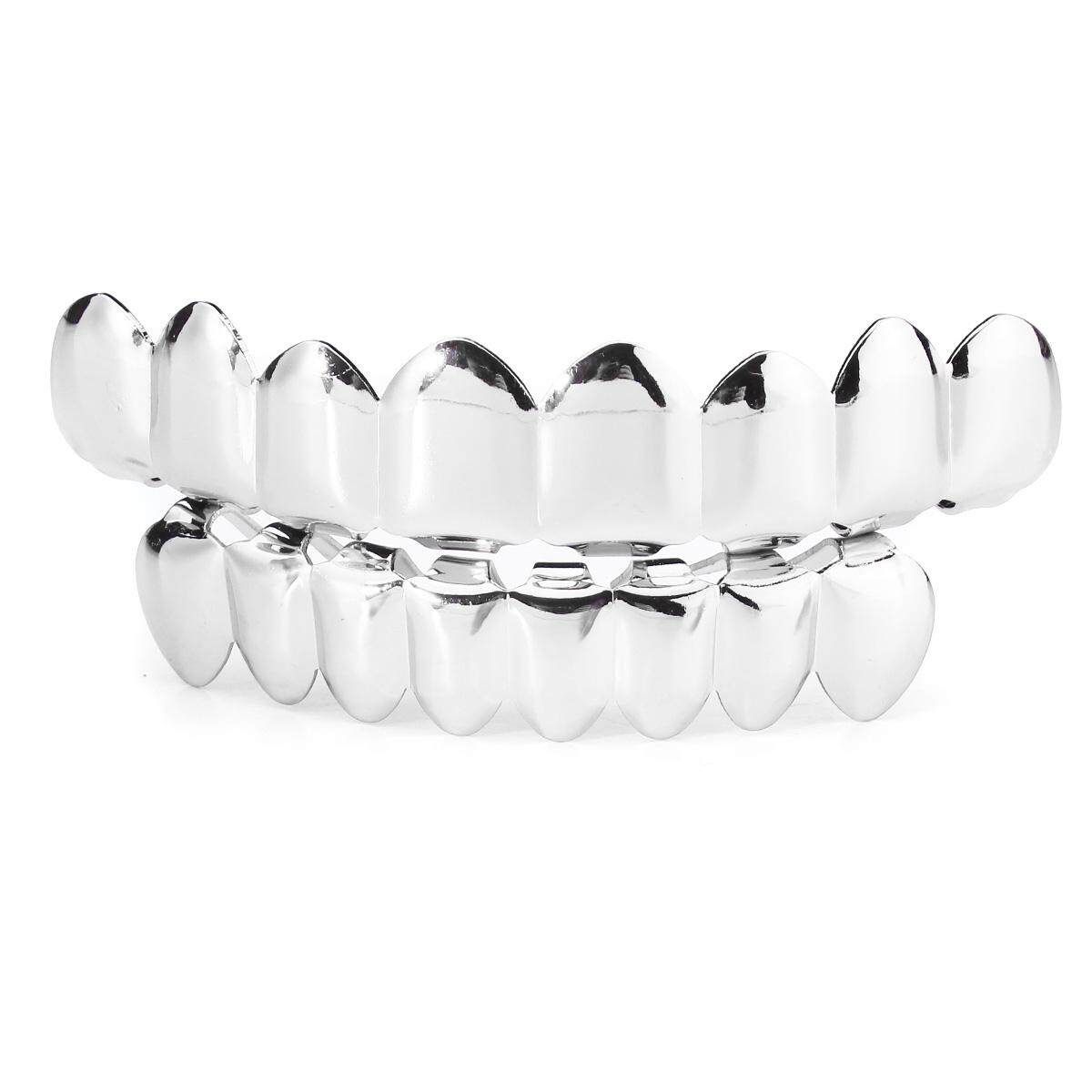 Gold Silver Hip Hop Teeth Plated Custom 8 Top Bottom Mouth Set Halloween Silver (silver)