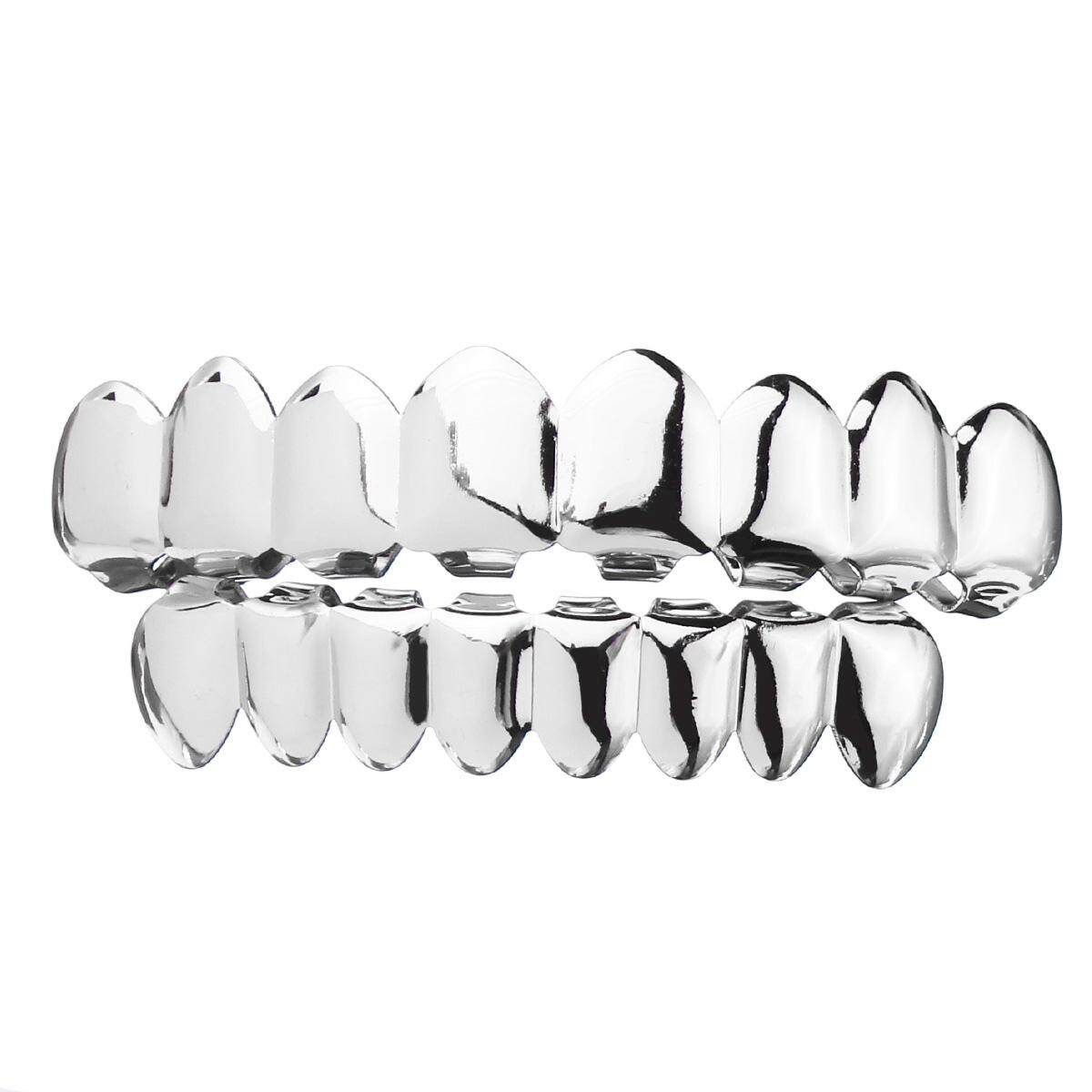 Gold Silver Hip Hop Teeth Plated Custom 8 Top Bottom Mouth Set Halloween Silver (silver)