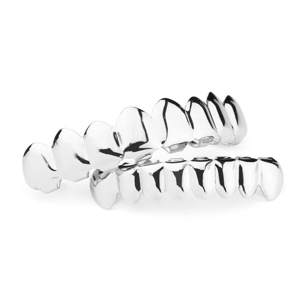 Gold Silver Hip Hop Teeth Plated Custom 8 Top Bottom Mouth Set Halloween Silver (silver)