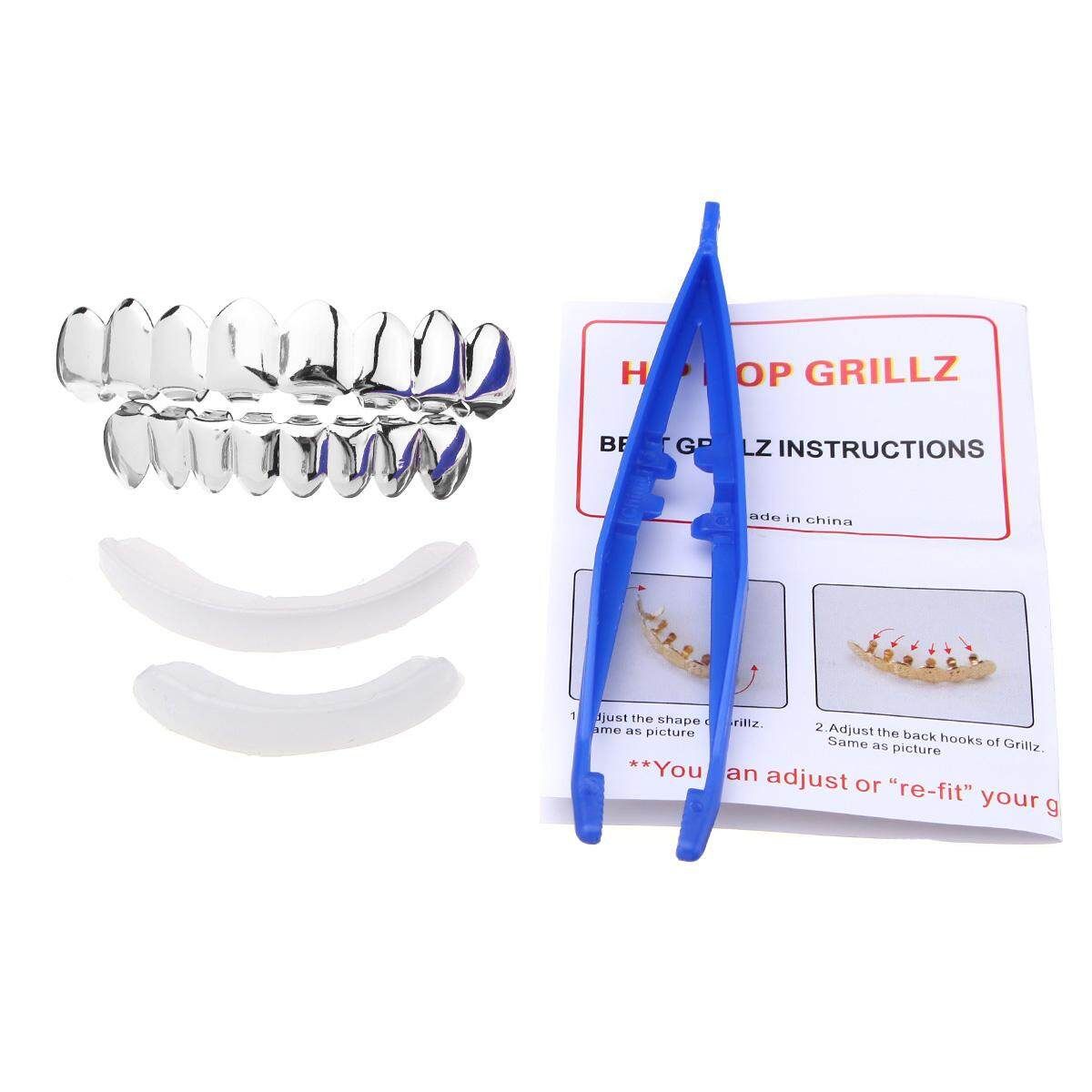 Gold Silver Hip Hop Teeth Plated Custom 8 Top Bottom Mouth Set Halloween Silver (silver)
