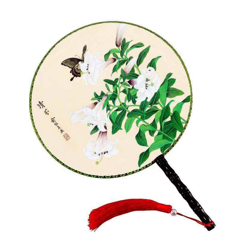 Big Hand Round Decorative Handle Silk Large Costume Fan Double Fan Antique Circle 24cm Dance Printed Ladies Chinese Fan