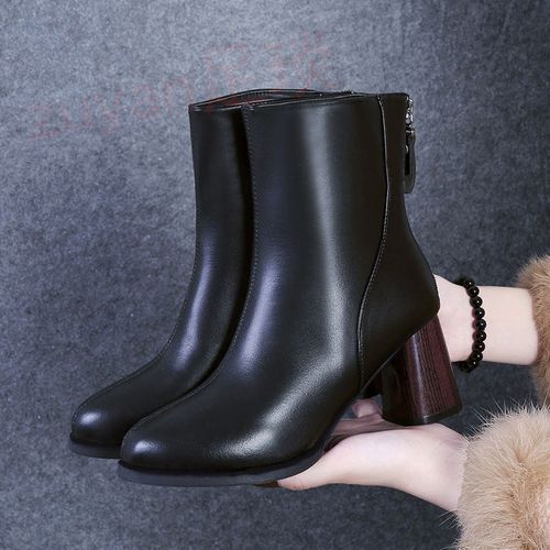 Women Retro Thick Heel Short Boots Ladies Fashion Mid-High Heel Leather Boots