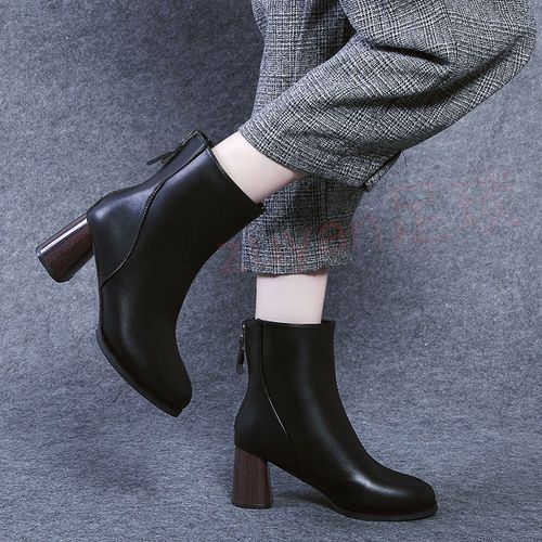 Women Retro Thick Heel Short Boots Ladies Fashion Mid-High Heel Leather Boots