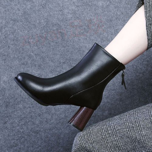 Women Retro Thick Heel Short Boots Ladies Fashion Mid-High Heel Leather Boots