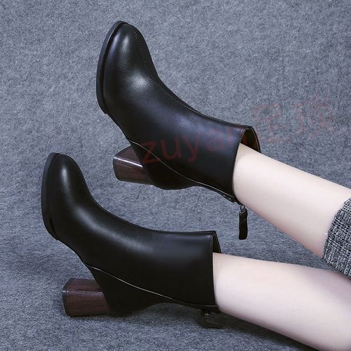 Women Retro Thick Heel Short Boots Ladies Fashion Mid-High Heel Leather Boots