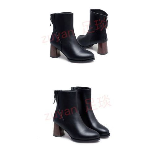 Women Retro Thick Heel Short Boots Ladies Fashion Mid-High Heel Leather Boots