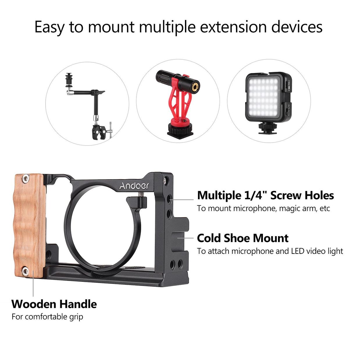 Andoer Metal Aluminum Camera Cage Compatible with Sony RX100 VI/VII with Cold Shoe Mount 1/4 Screw Wooden Handgrip Vlogging Shooting Accessories