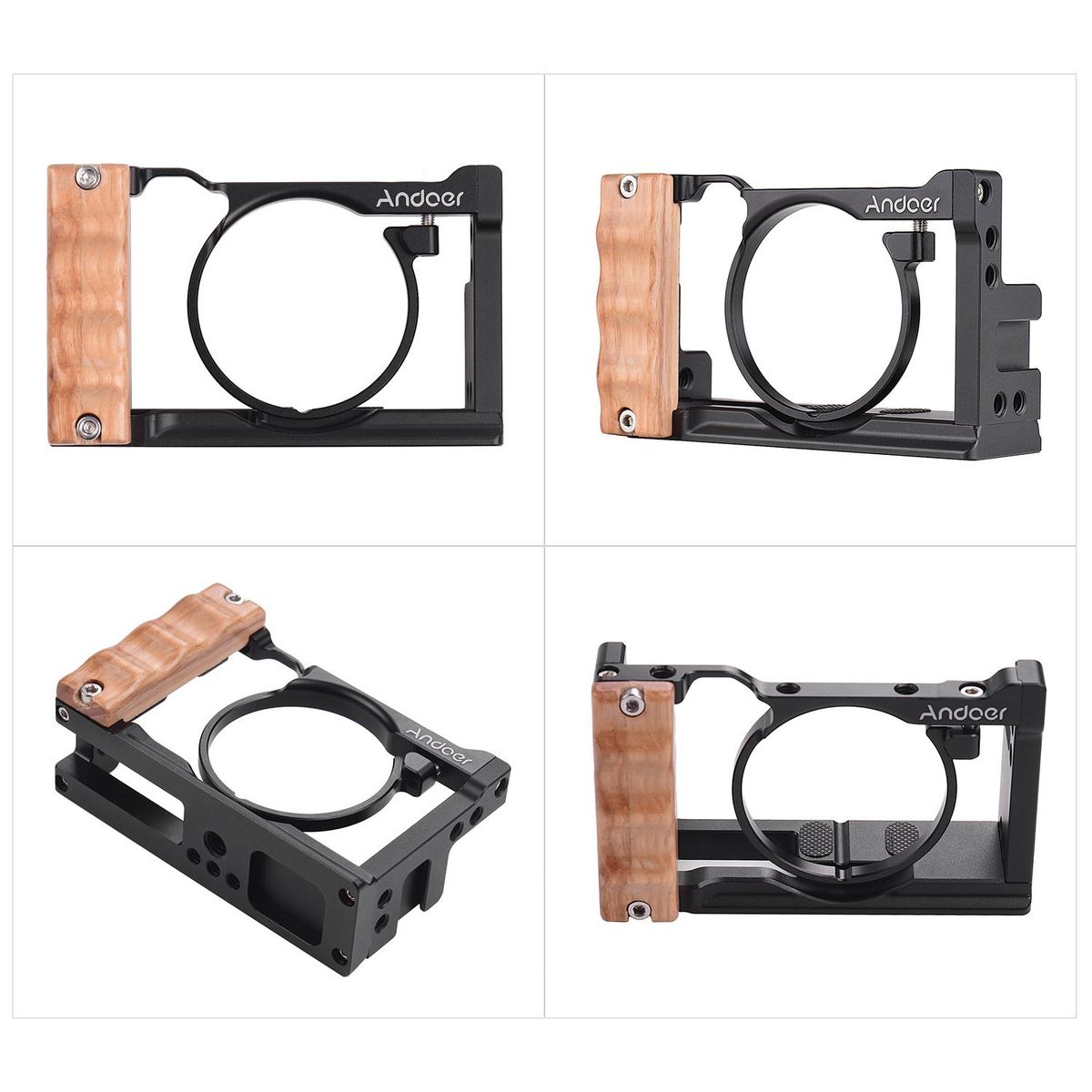 Andoer Metal Aluminum Camera Cage Compatible with Sony RX100 VI/VII with Cold Shoe Mount 1/4 Screw Wooden Handgrip Vlogging Shooting Accessories