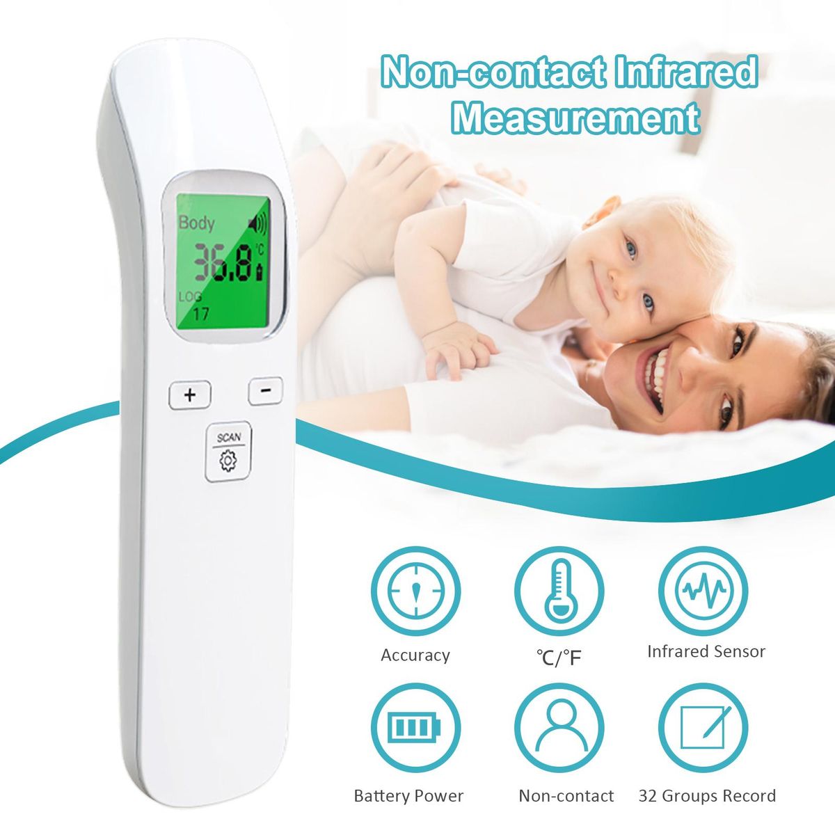 Non-contact Contactless IR Infrared Sensor Forehead Body/ Object Thermometer Temperature Measurement LCD Screen Display Mini Handhold Design Unit Changeable 32 Memory Groups Recording 2 * AAA Cell Powered Operated Portable fo