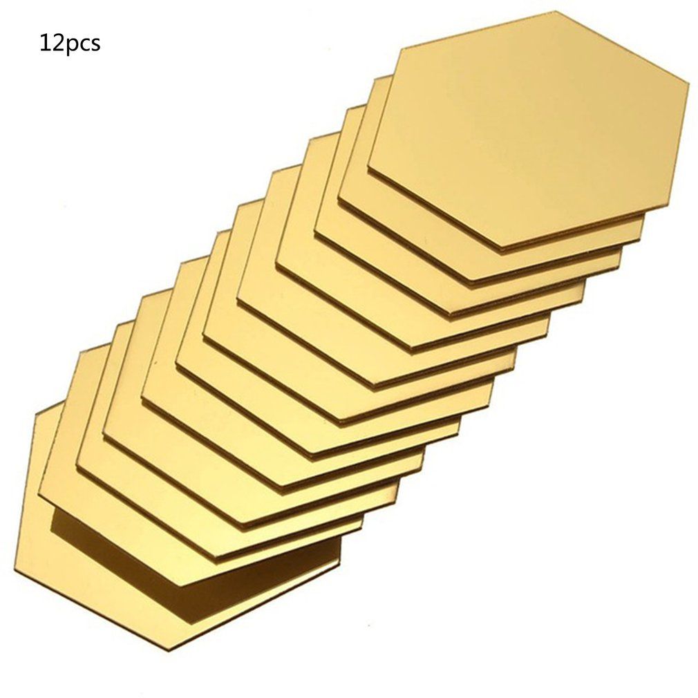 12pcs Hexagonal Stereo Mirror Wall Sticker Removable Waterproof Self-adhesive-gold-40x34x20mm
