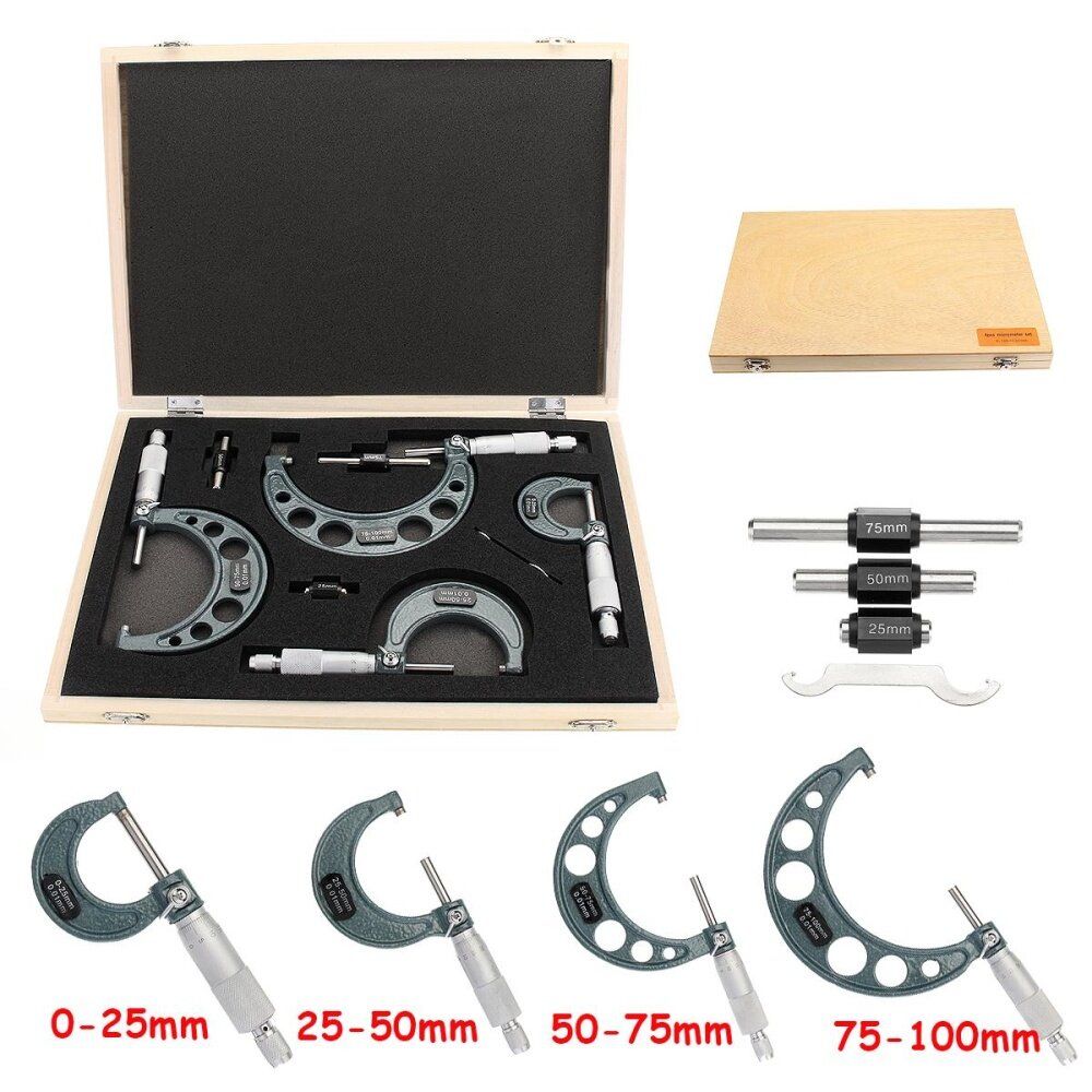 4X Precision Carbide 0-4'' 0-100mm/0.01mm Outside Micrometer Machinist Tool Set