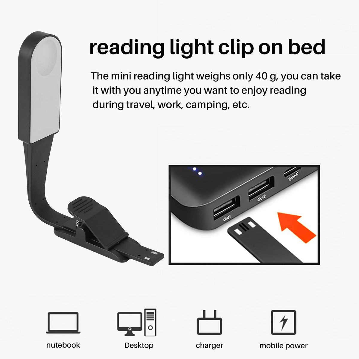 Book Light USB Rechargeable Reading Light with Contact Sensor Flexible Clip on Book Light for Reading in Bed