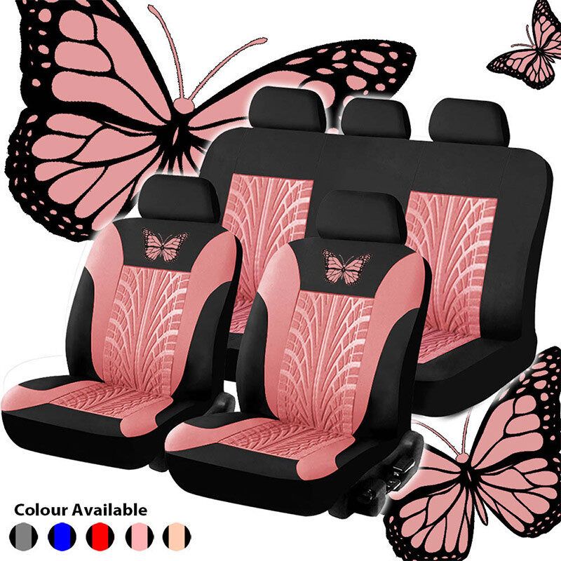 (Butterfly) 1/2/5-seaters Car Seat Cover All-season Auto Protector Interior Front Seat Rear Seat Back Seat Cushion Cover W/ Separate Headrest Cover For Car Truck SUV Van BLK+PINK (Single-seat)