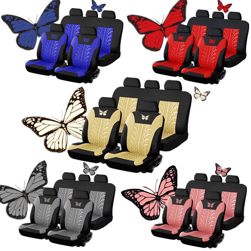 (Butterfly) 1/2/5-seaters Car Seat Cover All-season Auto Protector Interior Front Seat Rear Seat Back Seat Cushion Cover W/ Separate Headrest Cover For Car Truck SUV Van BLK+PINK (Single-seat)