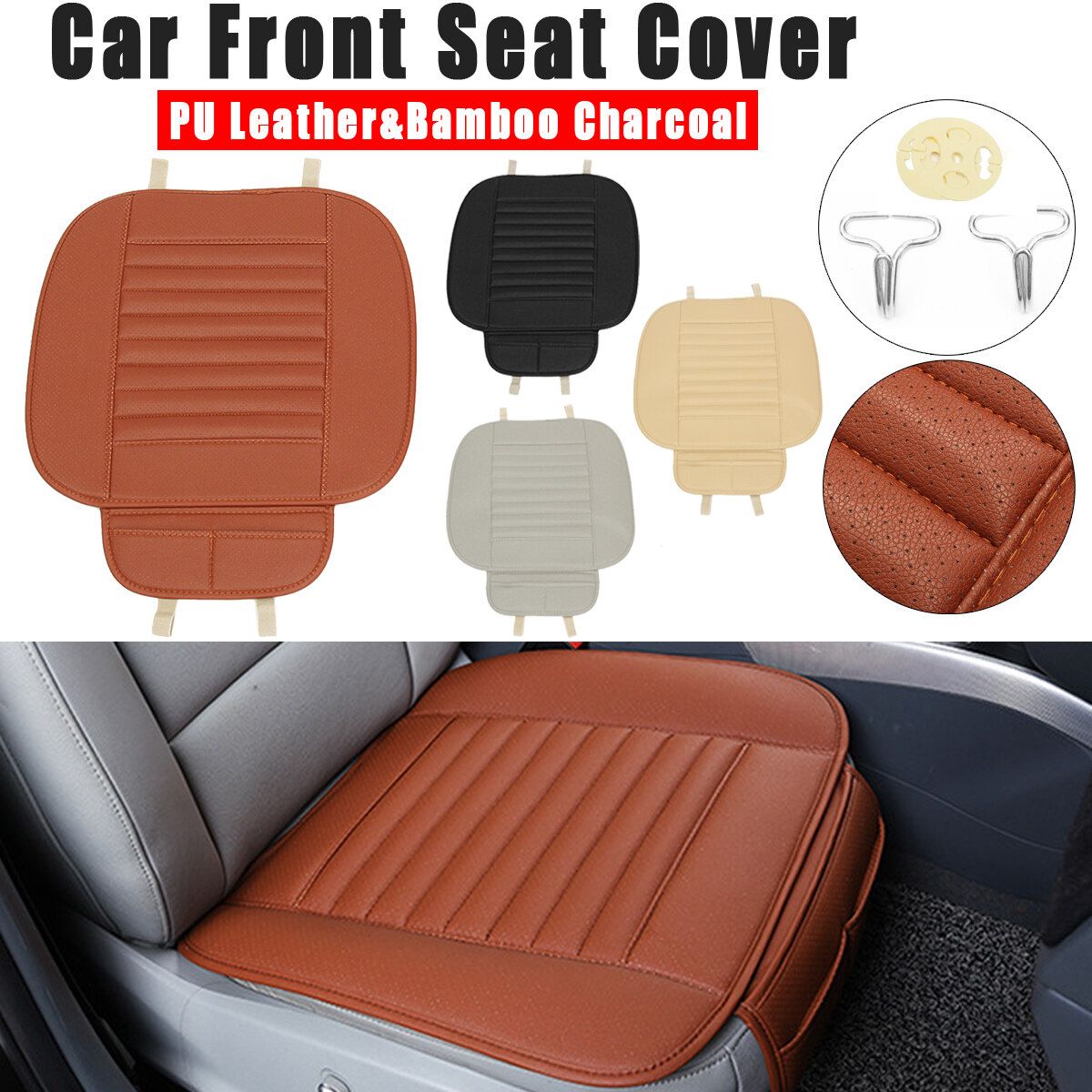 1 Pcs Car Front Seat Cover Cushion Breathable PU Leather Bamboo Charcoal Pad Mat Brown