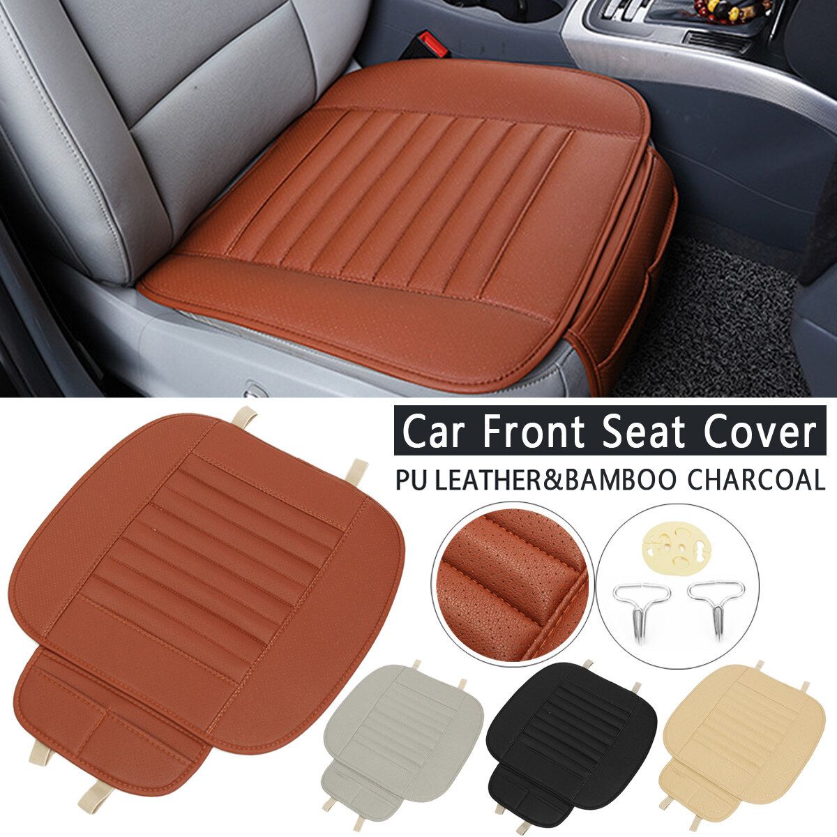 1 Pcs Car Front Seat Cover Cushion Breathable PU Leather Bamboo Charcoal Pad Mat Brown