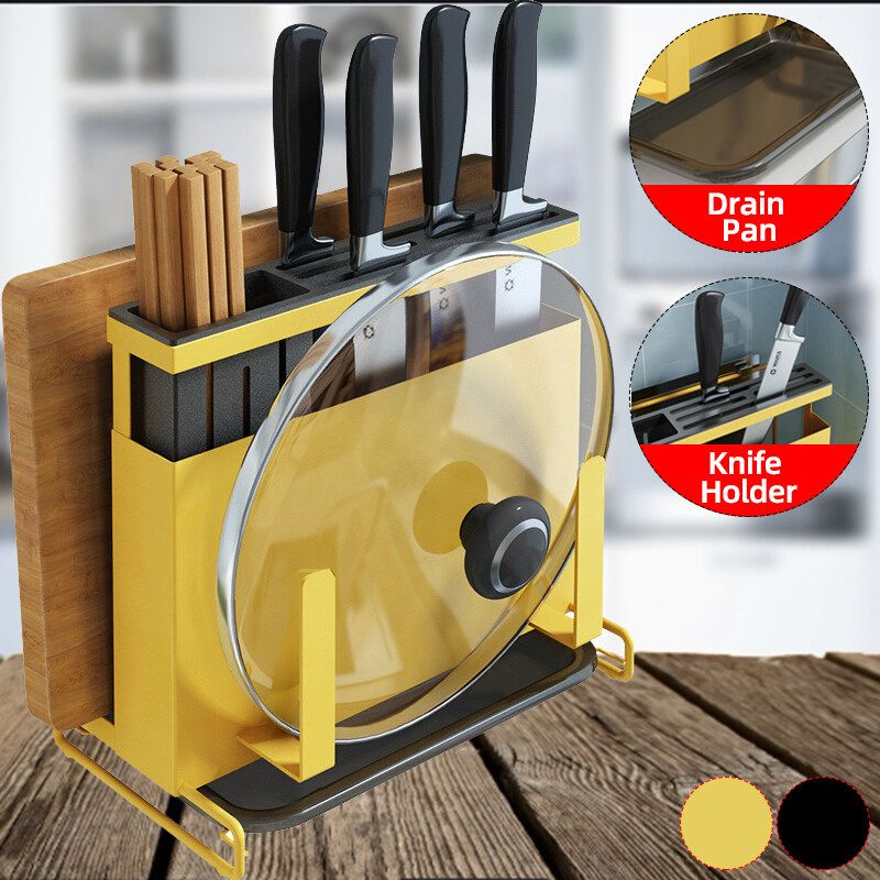 Kitchen Board Holder Chopping Stand Rack Pan Pot Lid Storage Bar Shelf Yellow
