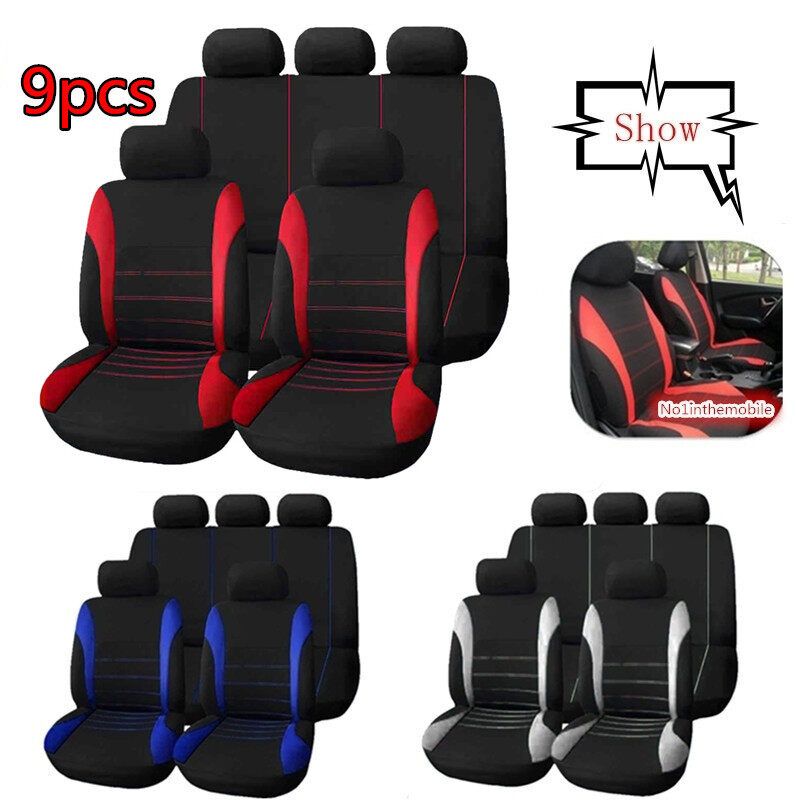 (Sewing Style) 1/2/5-seater Car Seat Cover All-season Auto Protector Interior Front Seat Rear Seat Back Seat Cushion Cover W/ Separate Headrest Cover For Car Truck SUV Van BLK+GREY (5-seaters)