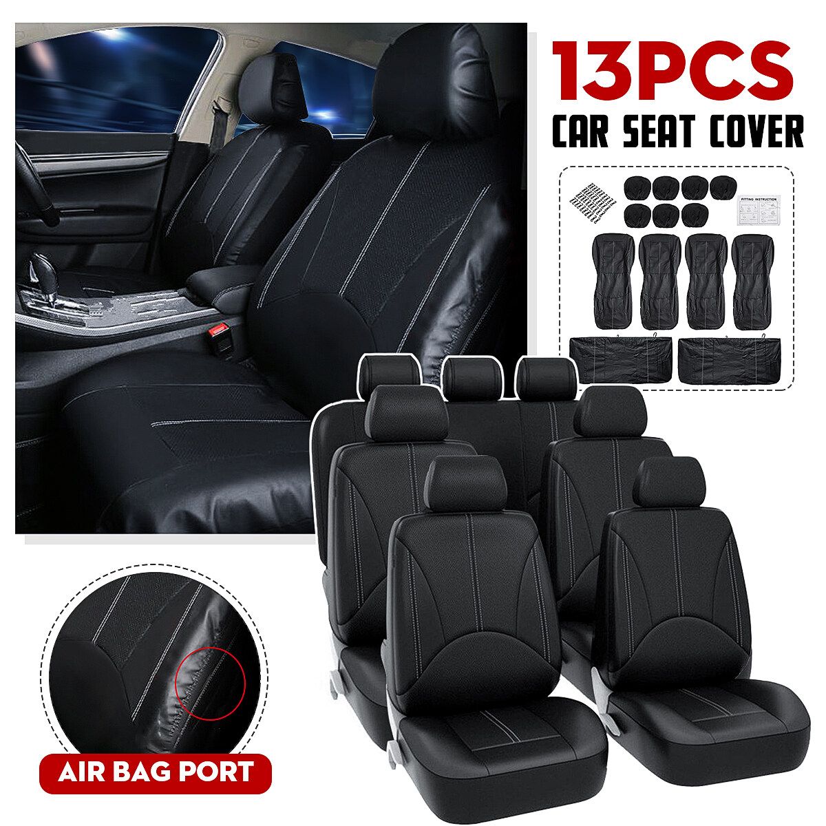 PU Leather Car Front & Back Seat Covers Protectors For 3 Row 7 Seat Vehicles
