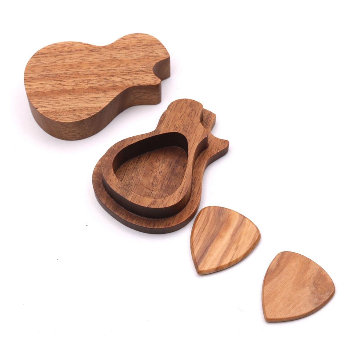 Delicate Wooden Guitar Pick Set Plectrum Storage Holder Case Box with 2pcs Guitar Picks Wood