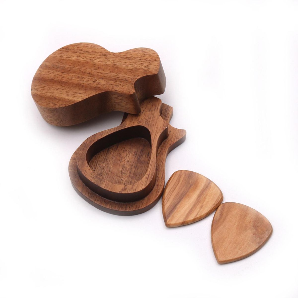 Delicate Wooden Guitar Pick Set Plectrum Storage Holder Case Box with 2pcs Guitar Picks Wood