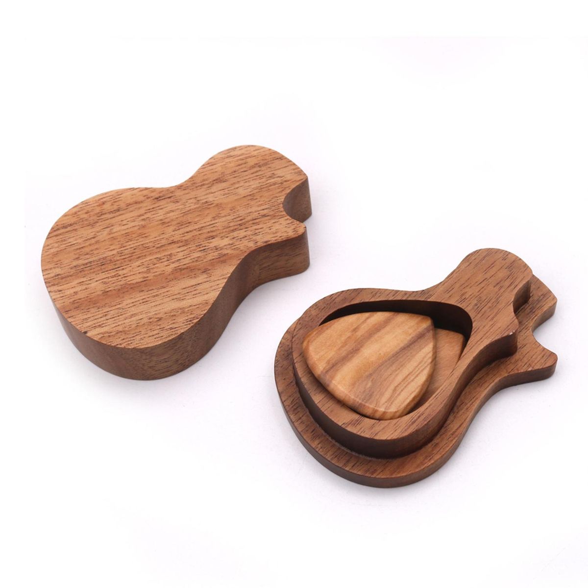 Delicate Wooden Guitar Pick Set Plectrum Storage Holder Case Box with 2pcs Guitar Picks Wood