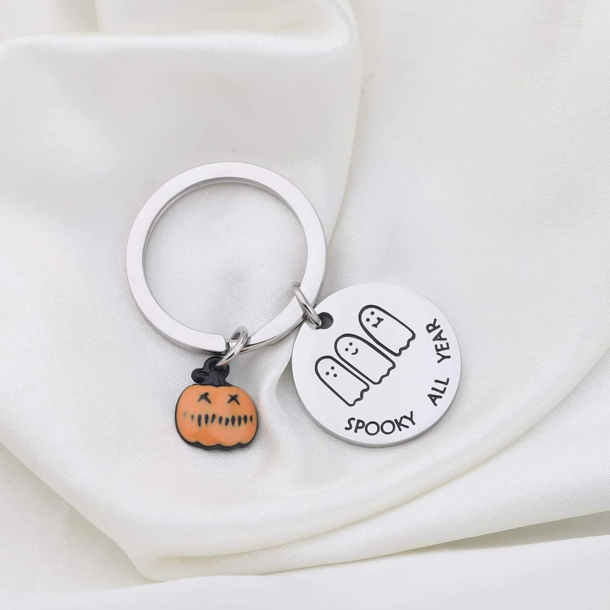 Decorative Key Chain Spooky Stainless Steel Ghost Pumpkin for Couples White